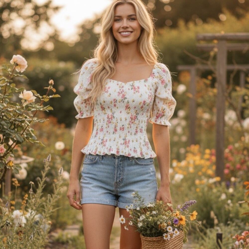 Self Esteem Smocked Babydoll Top sz S Ditsy Floral Cottagecore Coquette Cowgirl